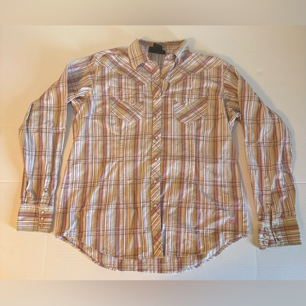 Ariat Women's Long Sleeve Plaid‎ Shirt Pearl Snap Pink Size Large (0069) A4